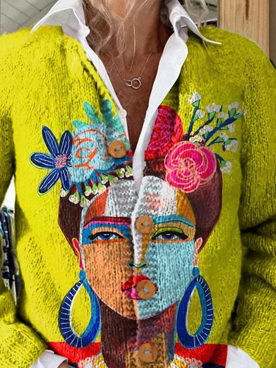 Cardigan en Tricot à Boutons avec Impression de Portrait d'Huile de Freda