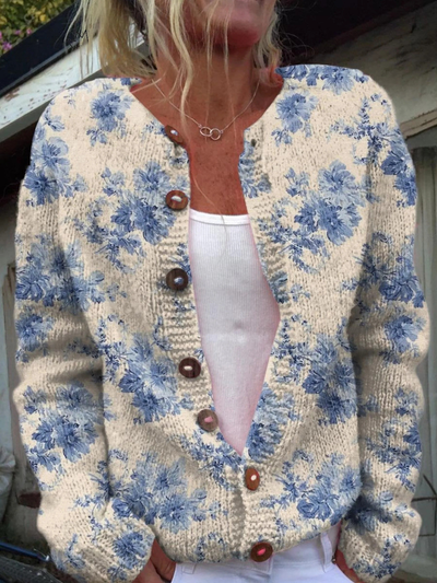 Cardigan en Tricot à Boutons avec Imprimé Floral pour Femmes