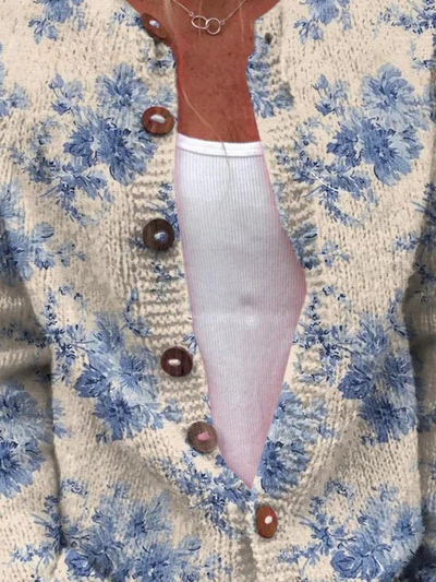 Cardigan en Tricot à Boutons avec Imprimé Floral pour Femmes
