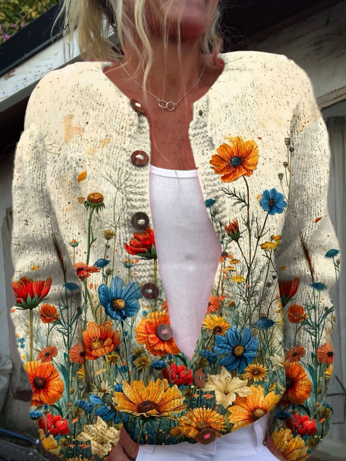 Cardigan en Tricot Boutonné avec Imprimé de Fleurs Vintage