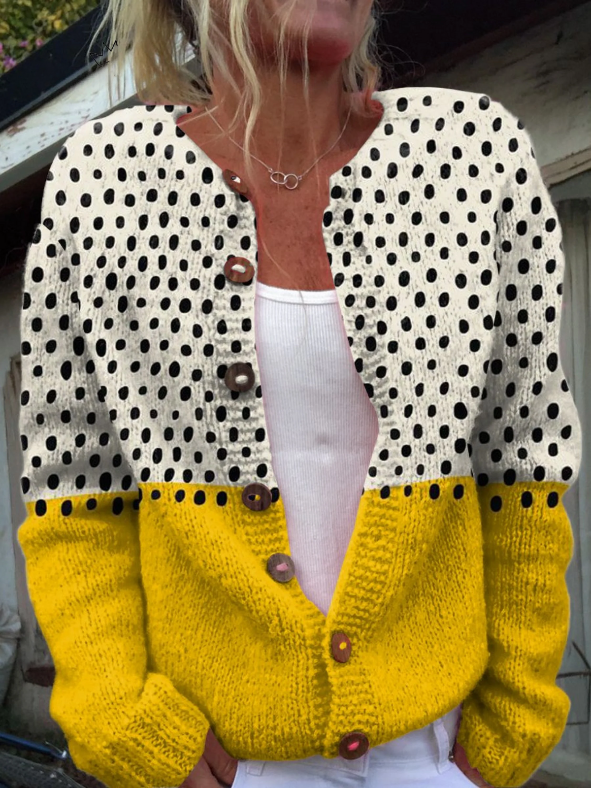 Cardigan à Boutons en Tricot à Pois Géométriques Jaunes