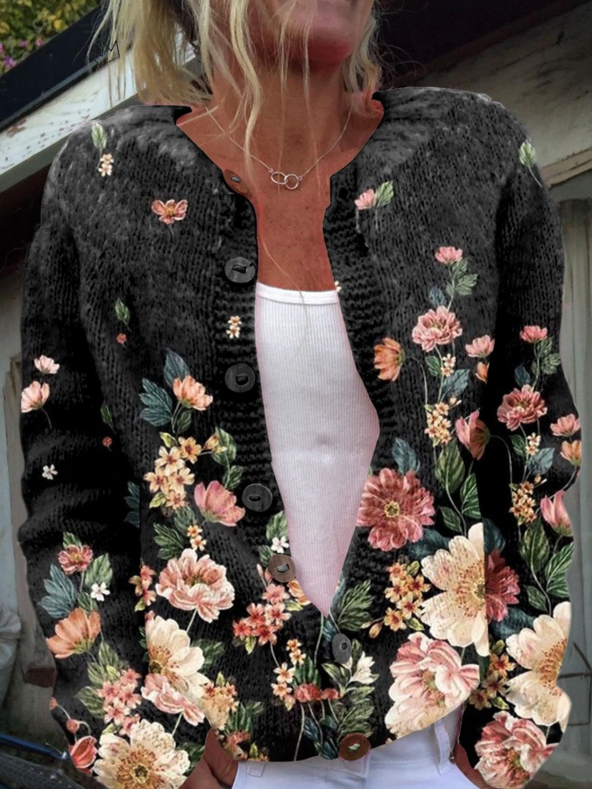 Cardigan Décontracté Boutonné à Imprimé Floral