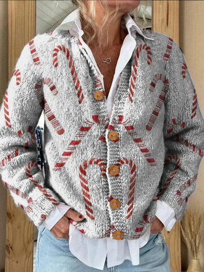 Cardigan à boutons avec motif décoratif de canne en sucre festif
